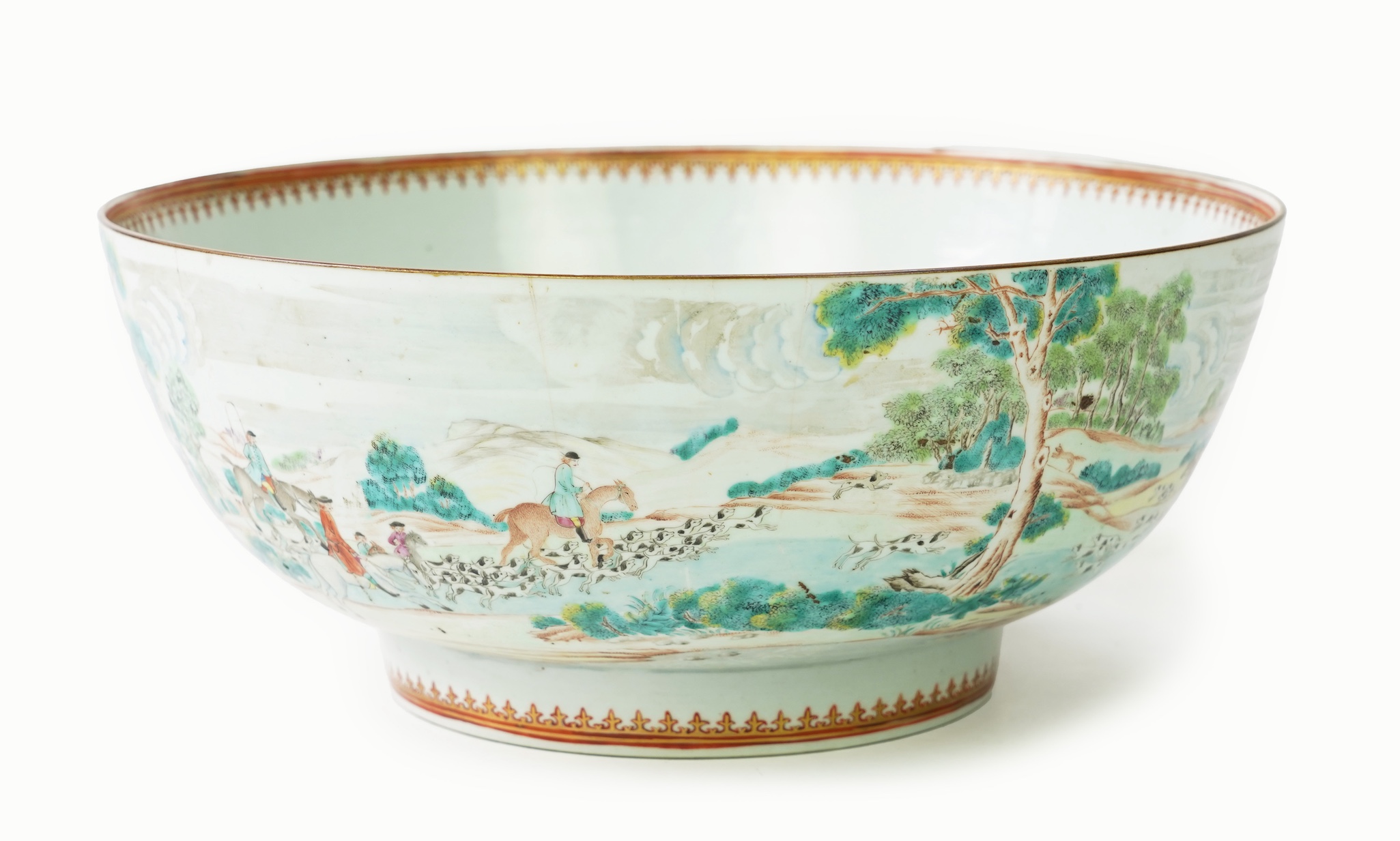 A large Chinese European subject ‘hunting’ punch bowl, Qianlong period